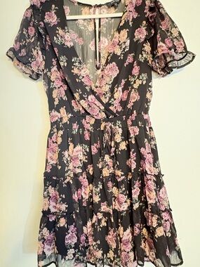 Francesca's Collections Black Floral Wrap Midi Dress with Pink Roses